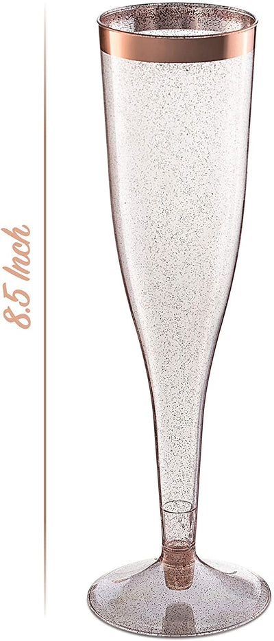 Rose Gold Plastic Champagne Flutes Disposable - Rose Gold Glitter with a Rose Gold Rim - [1 Box of 36 ] 6.5 Oz - Elegant Stylish Mimosa Glasses Perfect for Weddings Bachelorette Party, Catered Events