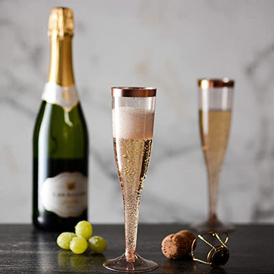 Rose Gold Plastic Champagne Flutes Disposable - Rose Gold Glitter with a Rose Gold Rim - [1 Box of 36 ] 6.5 Oz - Elegant Stylish Mimosa Glasses Perfect for Weddings Bachelorette Party, Catered Events