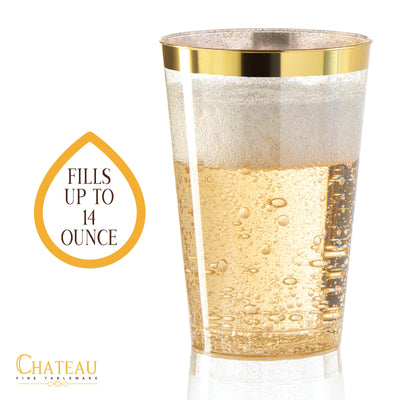 100 Gold Plastic Cups 14 Oz Gold Glitter with a Gold Rim - Premium Disposable Party Cups - Elegant and Classy Sturdy Cups - Weddings Birthdays Anniversaries and Other Social Events